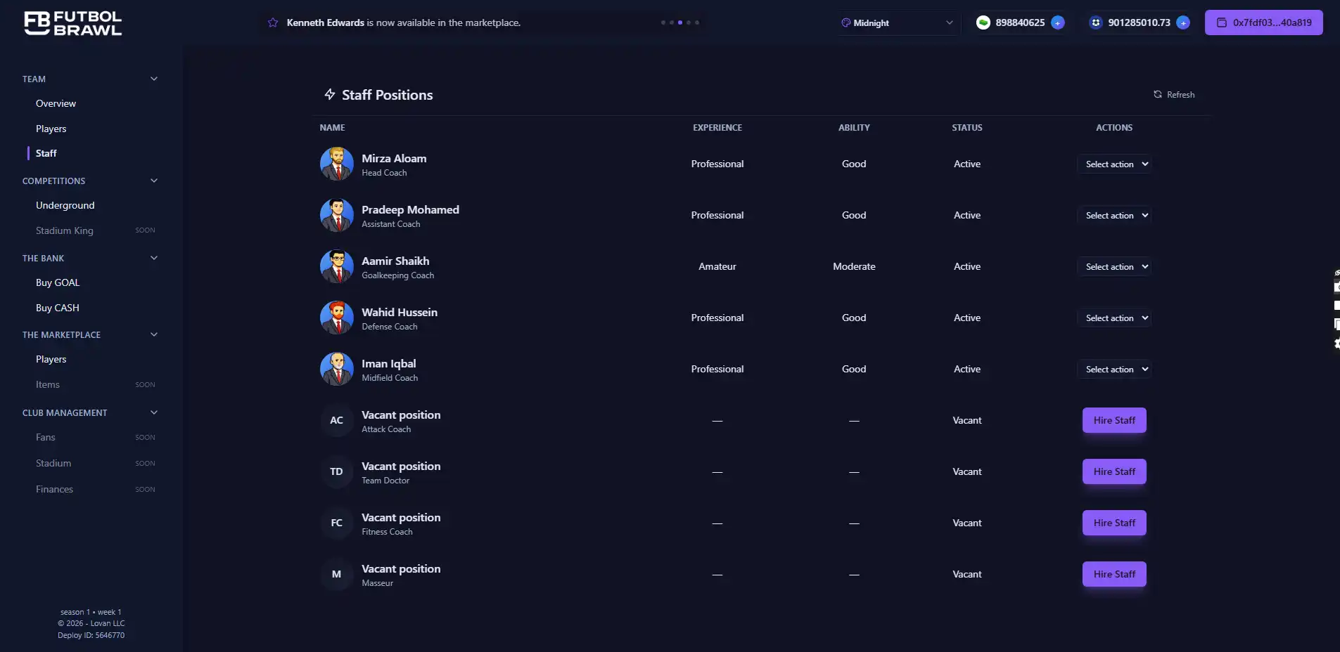 Futbol Brawl staff positions and coaching management screen