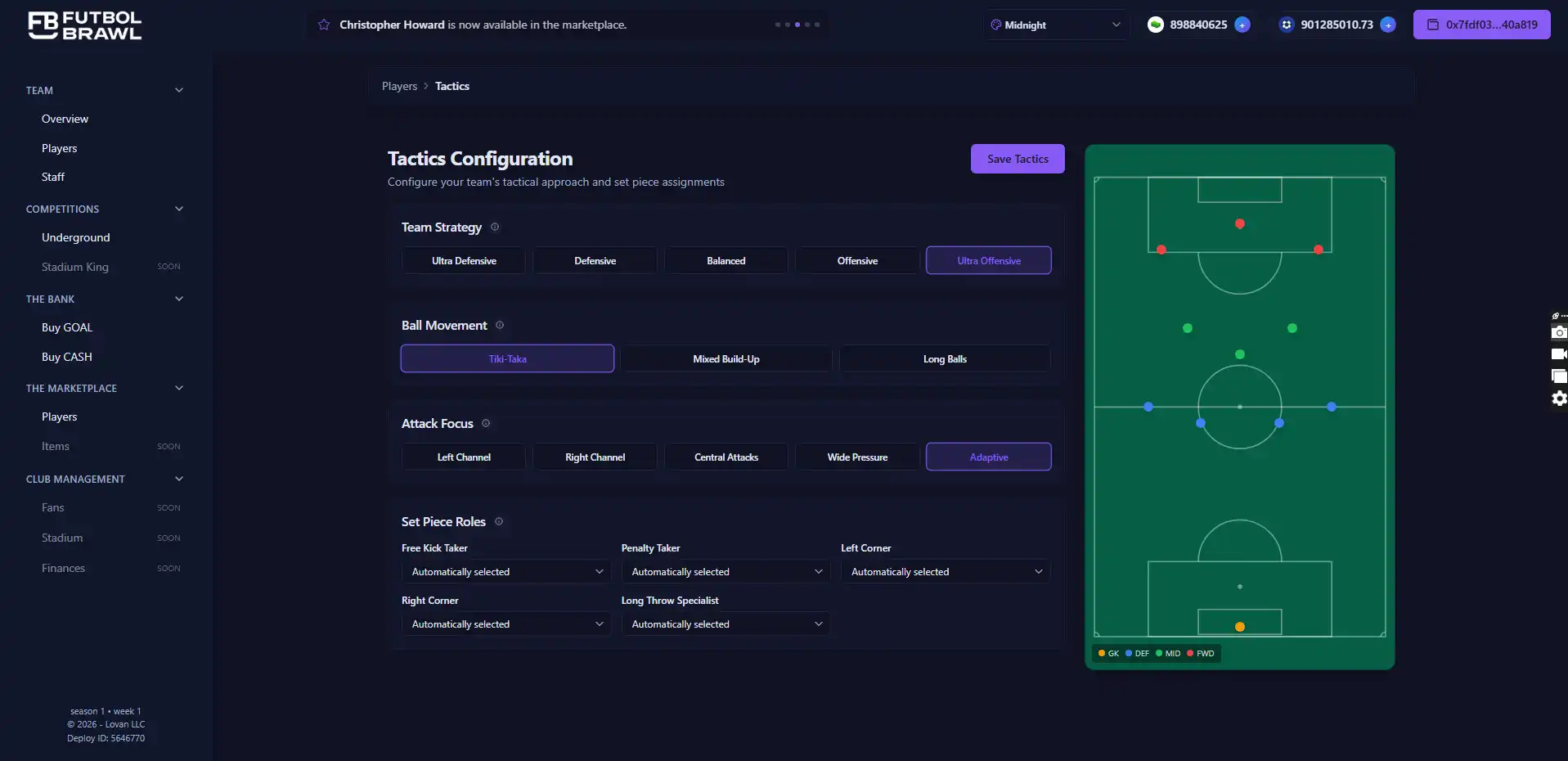 Futbol Brawl tactics configuration with strategy and set pieces