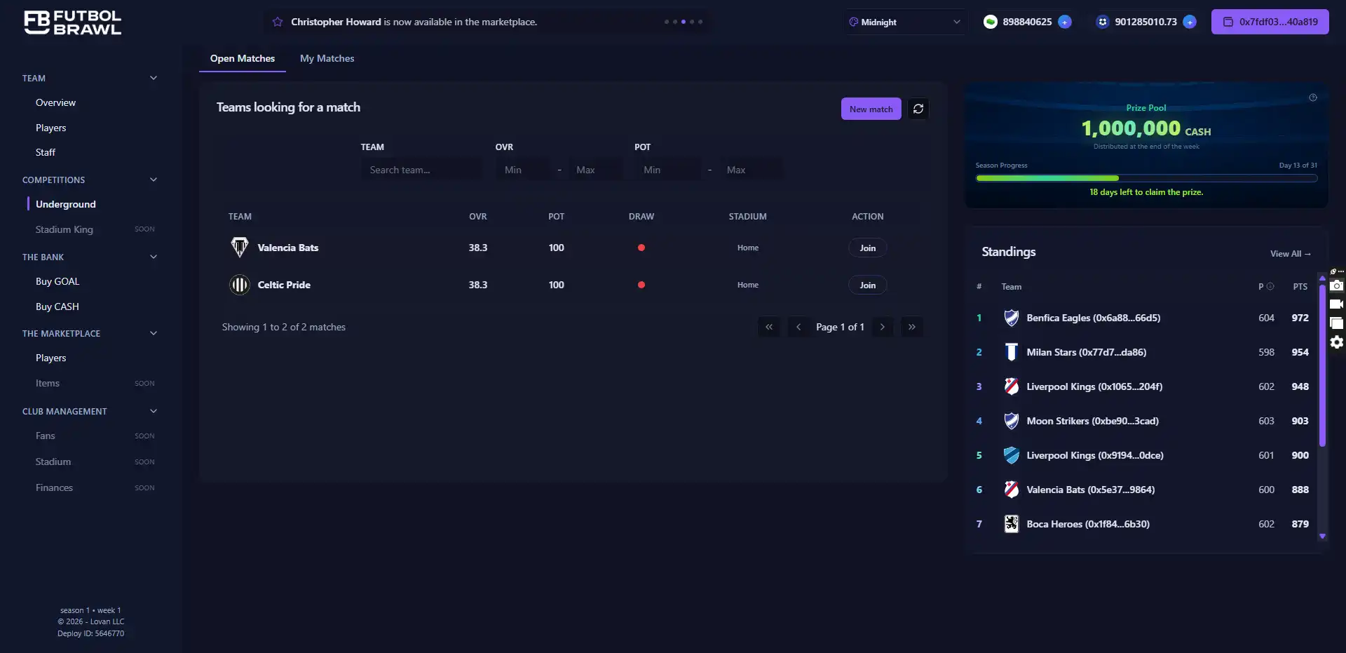 Futbol Brawl PvP match lobby with league standings
